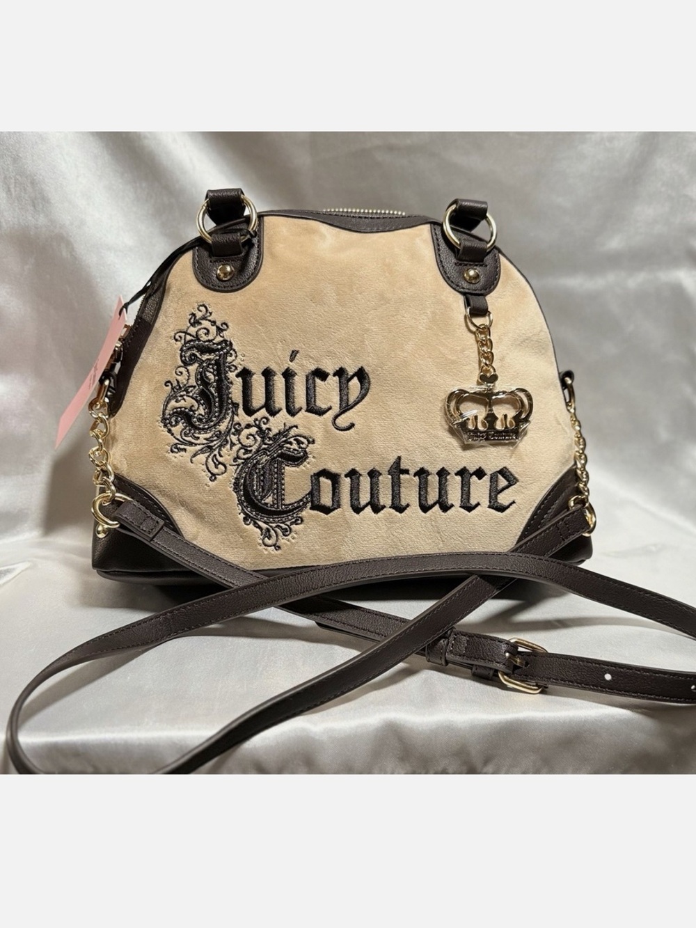 Juicy Couture Medium Renaissance Satchel Beige Brown Zip Gold Hardware Charm